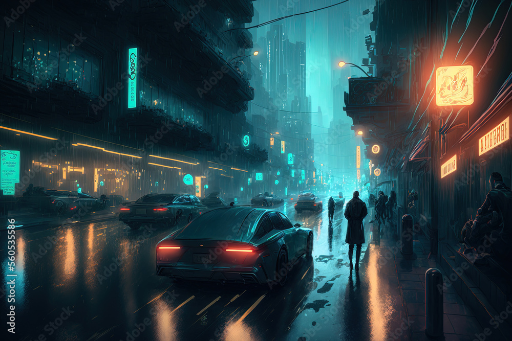Streets in a cyberpunk metropolis with traffic, digital illustration. Generative AI