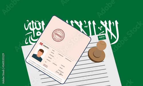 Saudi Arabia visa, open stamped passport with visa approved document for border crossing. Immigration visa concept. Background with Saudi Arabia flag. vector illustration