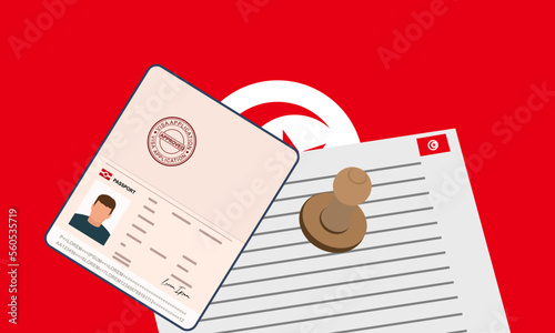 Tunisia visa, open stamped passport with visa approved document for border crossing. Immigration visa concept. Background with Tunisia flag. vector illustration