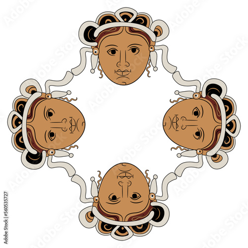 Geometrical ornament or frame with four antique female masks. Head of ancient Greek woman or goddess. 