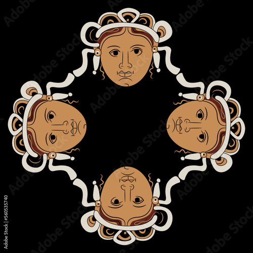 Geometrical ornament or frame with four antique female masks. Head of ancient Greek woman or goddess. On black background.