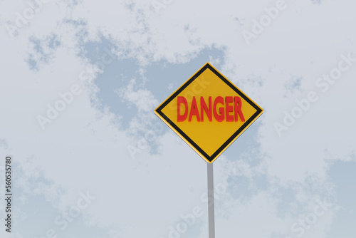 Danger traffic signboard 3d rendered with cloudy sky in the background. Yellow signboard design