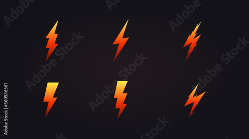 Lightning icon set. Cartoon orange lightening, bolt logo template, energy electricity symbol collection. Simple flat design, vector illustration