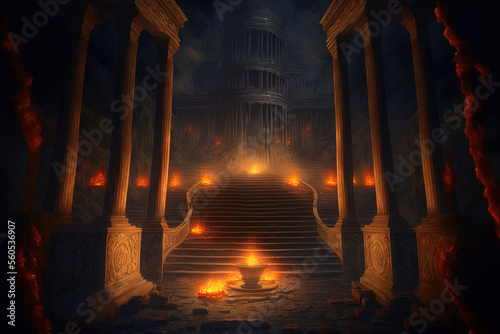 The eternal fire, a nighttime landscape with stairways leading to columns from antiquity, and a fire font are all in the background. Generative AI