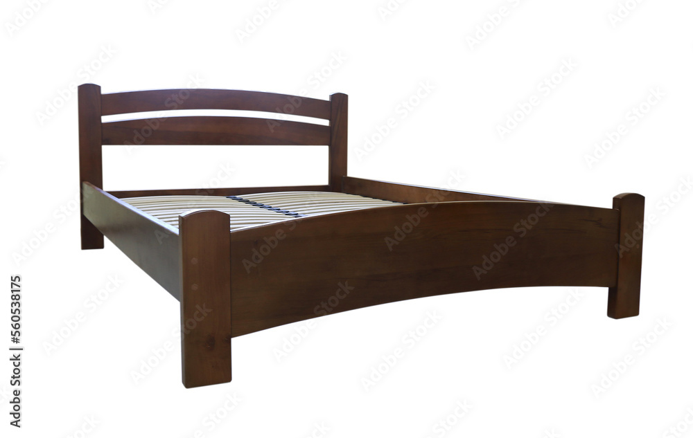 lacquered arched wooden bed with slats without mattress, isolated on a white background lacquered arched wooden bed with slats without mattress, isolated on a white background