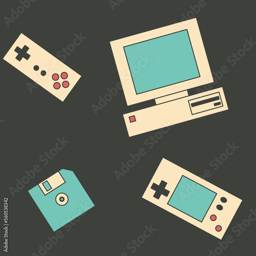 Retro pattern with computer, console, floppy disk and gamepad