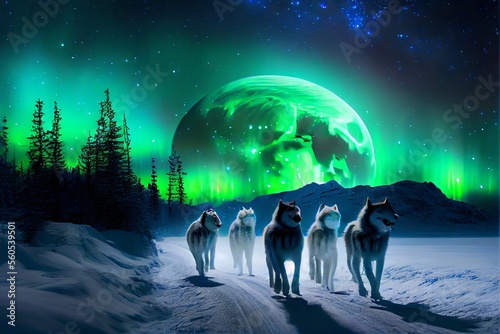 Illustration of a team of Husky sled dogs running on a snowy path, with the moon in the night sky. Generative ai © NelsonCharette Media