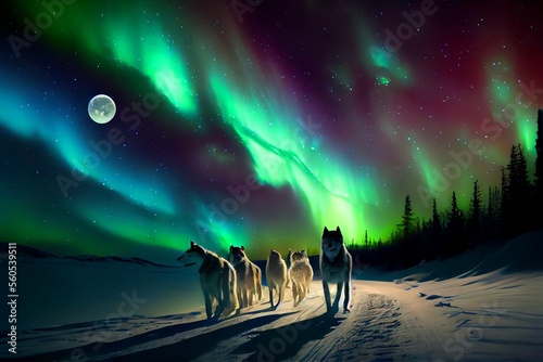 Illustration of a team of Husky sled dogs running on a snowy path, with the moon in the night sky.
Generative ai
