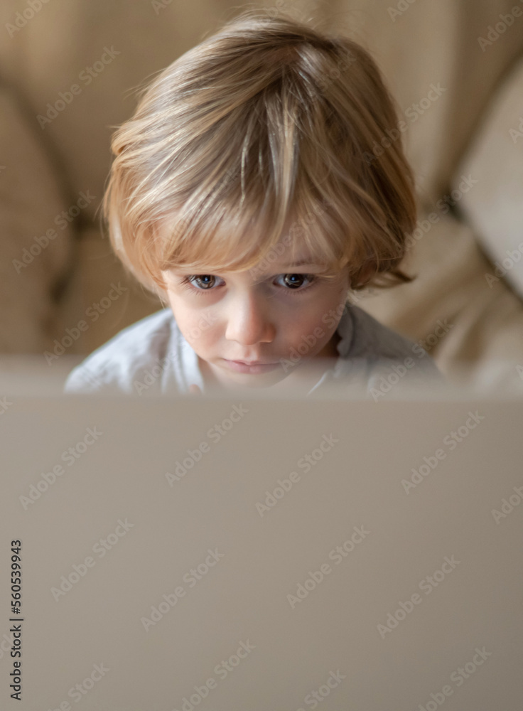 Adorable Little Boy Looking At A Laptop At Home Adorable Little Boy Looking At A Laptop At Home