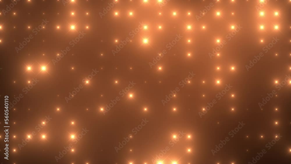 Colorful loop led back wall light bulbs. Glowing lamp background animation. Golden motion background for music video or stage event entertainment or concert. Copy space for text or logo