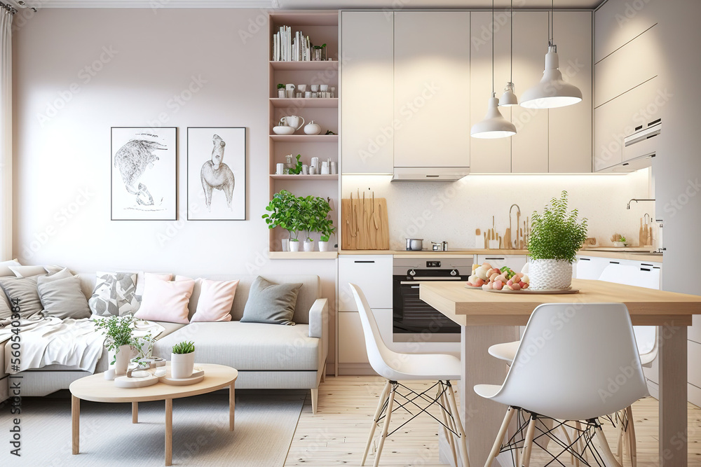 Warm pastel white and beige colors are used in the interior design of the spacious, cheerful studio apartment in the Scandinavian style. Modern touches in the kitchen and fashionable furniture in the - obrazy, fototapety, plakaty 