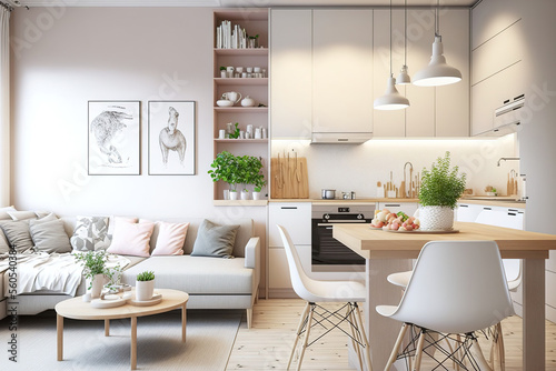 Fototapeta Warm pastel white and beige colors are used in the interior design of the spacious, cheerful studio apartment in the Scandinavian style