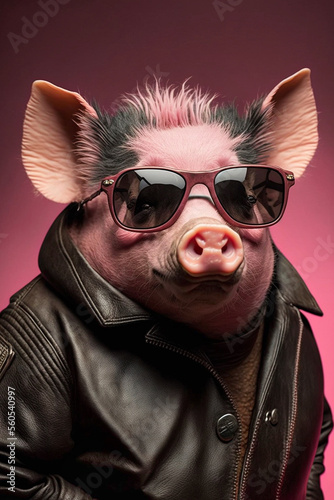  Coole Sau: Ein Schwein mit Lederjacke und Sonnenbrille zeigt Attitude und Style in einem Portrait © Sarah
