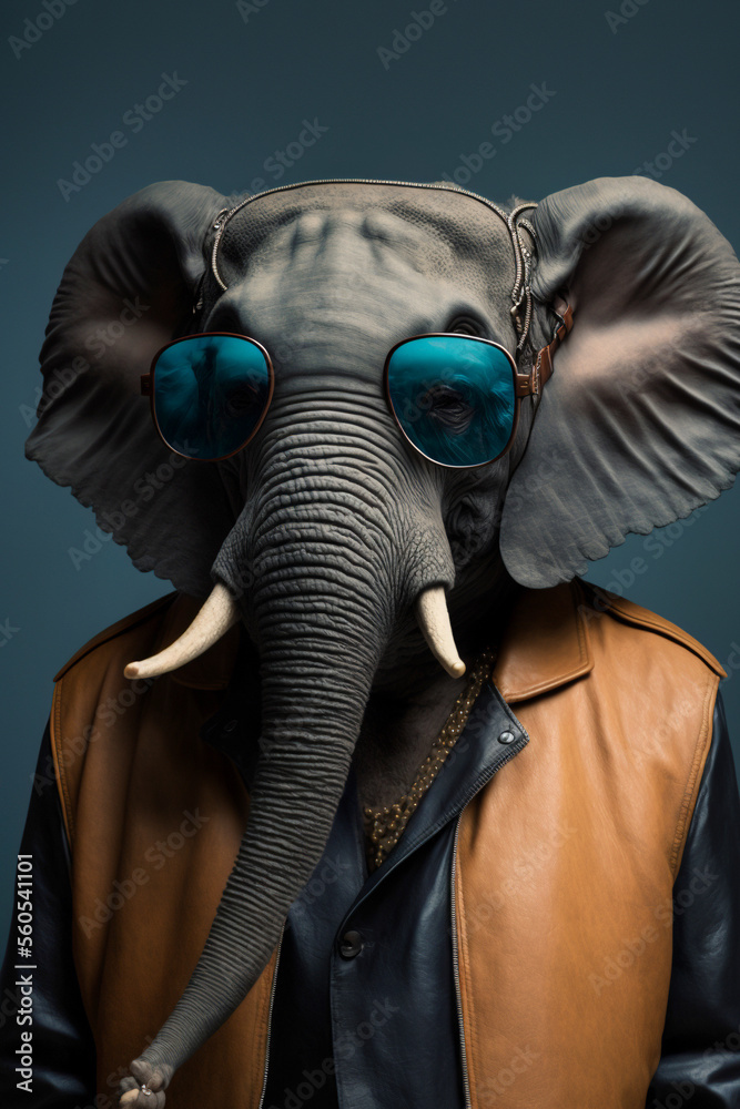 Ein cooler Elefant mit Lederjacke und Sonnenbrille zeigt Attitude und Style in einem Portrait - Generative Ai