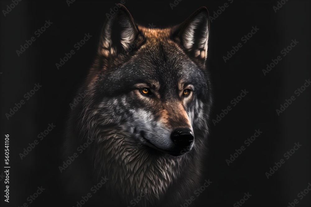 Fototapeta premium Portrait of a wolf, black background.