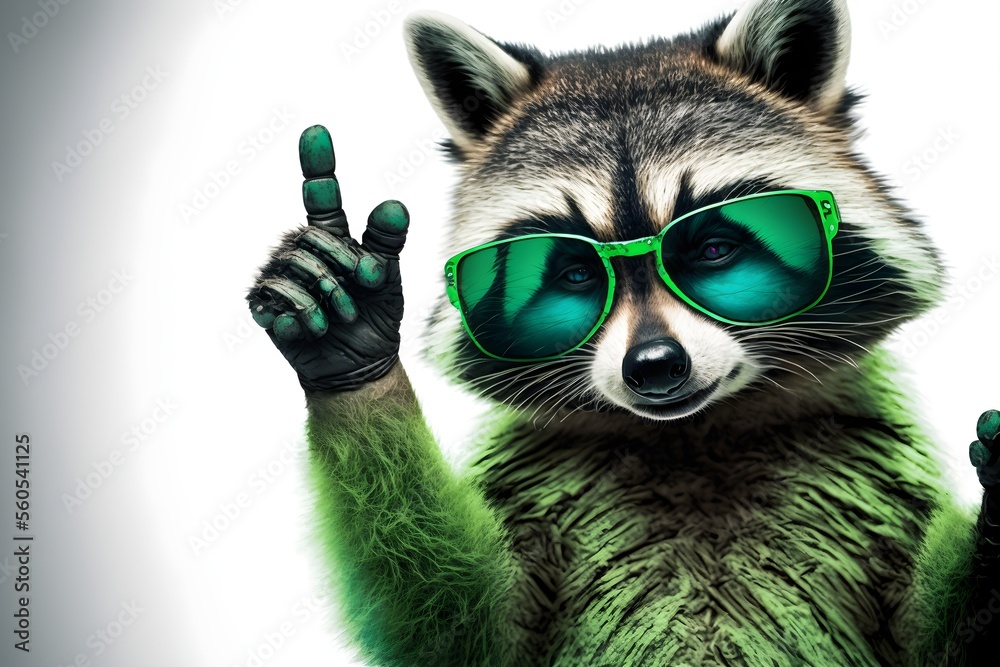 
Funny raccoon wearing green sunglasses showing a rock gesture.
