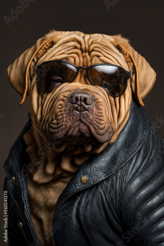 Ein cooler Hund mit Lederjacke und Sonnenbrille zeigt Attitude und Style in einem Portrait