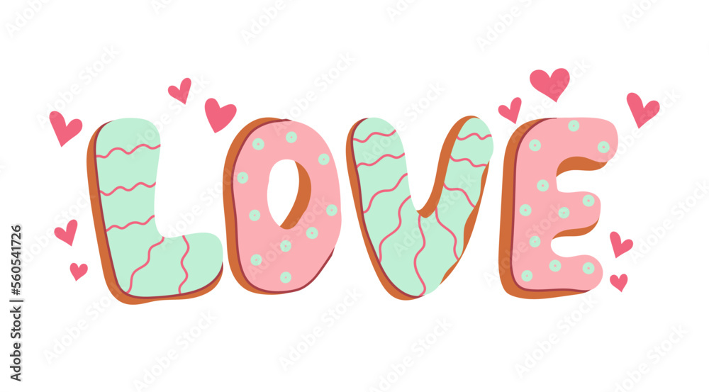 Love text in the form of cookies with icing. Gingerbread in the shape of letters. Doodle in cartoon style. Valentines day. Vector illustration for design. Love text in the form of cookies with icing. Gingerbread in the shape of letters. Doodle in cartoon style. Valentines day. Vector illustration for design.