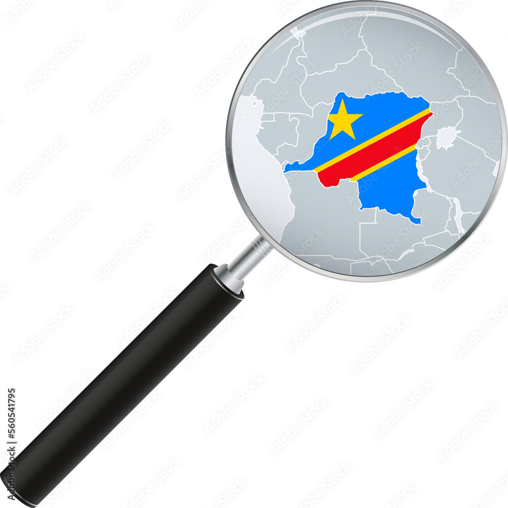 DR Congo map with flag in magnifying glass.