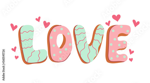Love text in the form of cookies with icing. Gingerbread in the shape of letters. Doodle in cartoon style. Valentines day. Vector illustration for design.