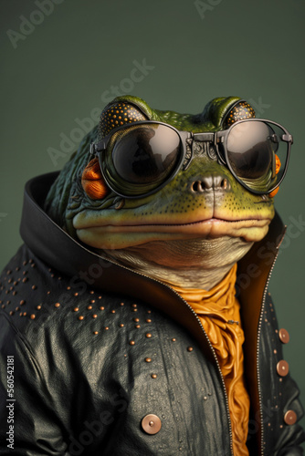 Ein cooler Frosch mit Lederjacke und Sonnenbrille zeigt Attitude und Style in einem Portrait - Generative Ai