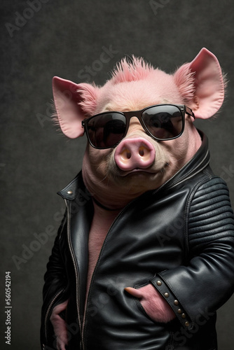Eine coole Sau mit Lederjacke und Sonnenbrille zeigt Attitude und Style in einem Portrait photo