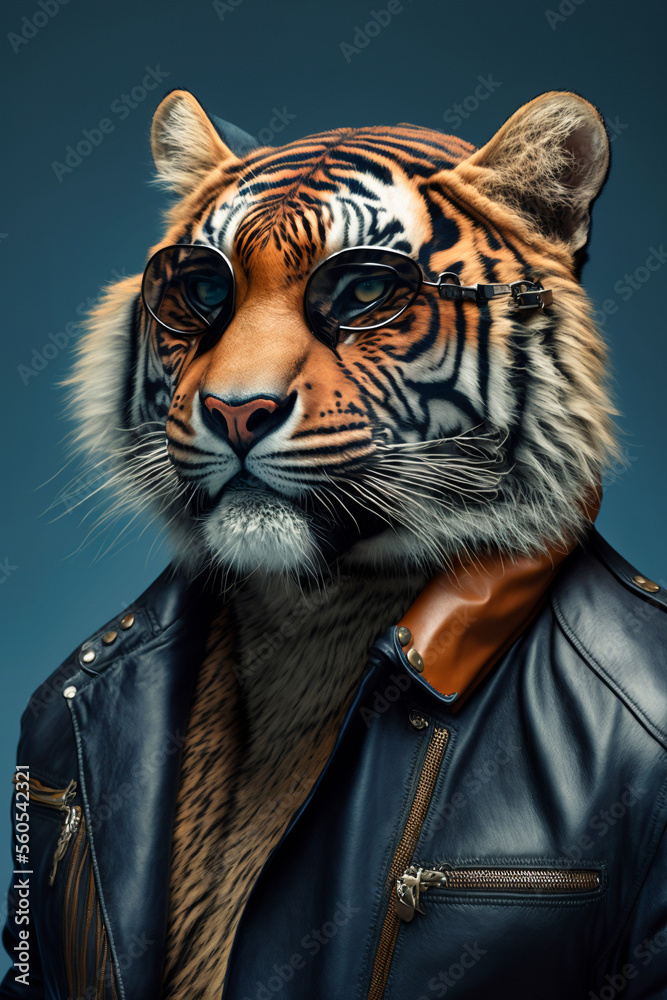 Ein cooler Tiger mit Lederjacke und Sonnenbrille zeigt Attitude und Style  in einem Portrait Stock-Foto | Adobe Stock