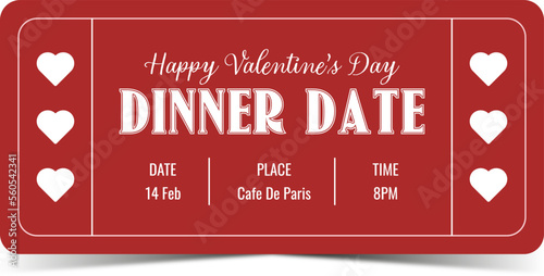 Valentines day ticket template. Vector retro coupon for Valentine party access with holiday symbol heart. Vintage card for 14 february event