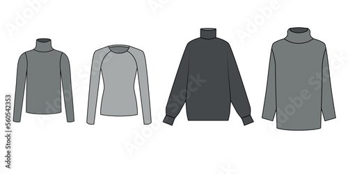 Vector set of sketches of sweaters. Outline drawings of a turtleneck, rash guard, sweater, oversized sweater with a collar,. Template of fashion models of jackets on a white background.