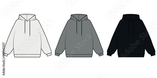 Vector set of hoodie sketches in different colors. Outline drawing of an oversized sports jacket with a hood. Fashion model template of gray sweatshirts with a hood on a white background.