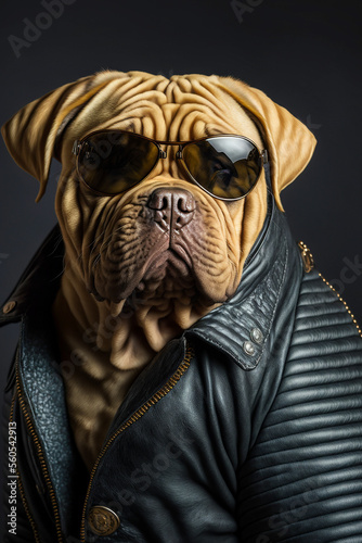 Ein cooler Hund mit Lederjacke und Sonnenbrille zeigt Attitude und Style in einem Portrait - Ai generiert