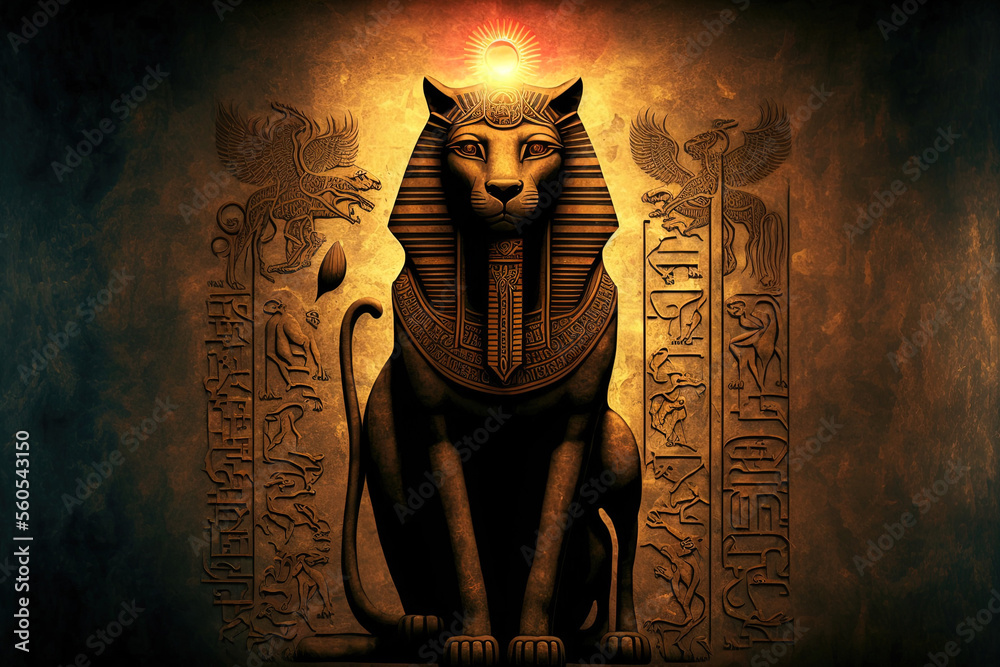 Ancient Egyptian emblem and lone representation of the god Sekhmet. Generative AI - obrazy, fototapety, plakaty 