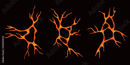 Vector set of illustrations of lava ground cracks top view, ruined earthquake volcano magma cracking holes. Collection of realistic fire glowing damaged surface texture isolated on black background.