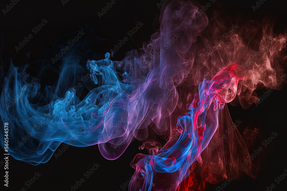 Fototapeta premium On a dark background, abstract blue and red smoke steam moves. the idea of aromatherapy. Generative AI