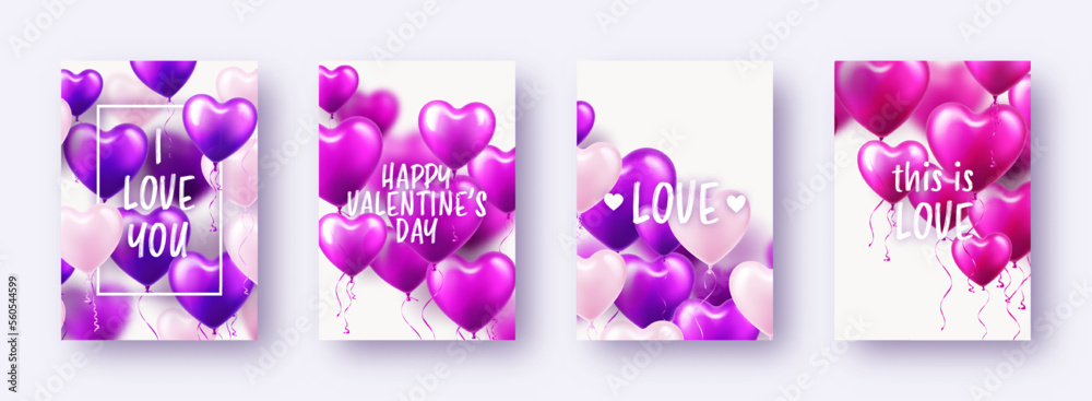 Valentine's Day banners with violet heart balloons and text. Wedding invitation card template, love background. Mother's Day greeting cards. Beautiful romantic banner. Vector illustration Valentine's Day banners with violet heart balloons and text. Wedding invitation card template, love background. Mother's Day greeting cards. Beautiful romantic banner. Vector illustration