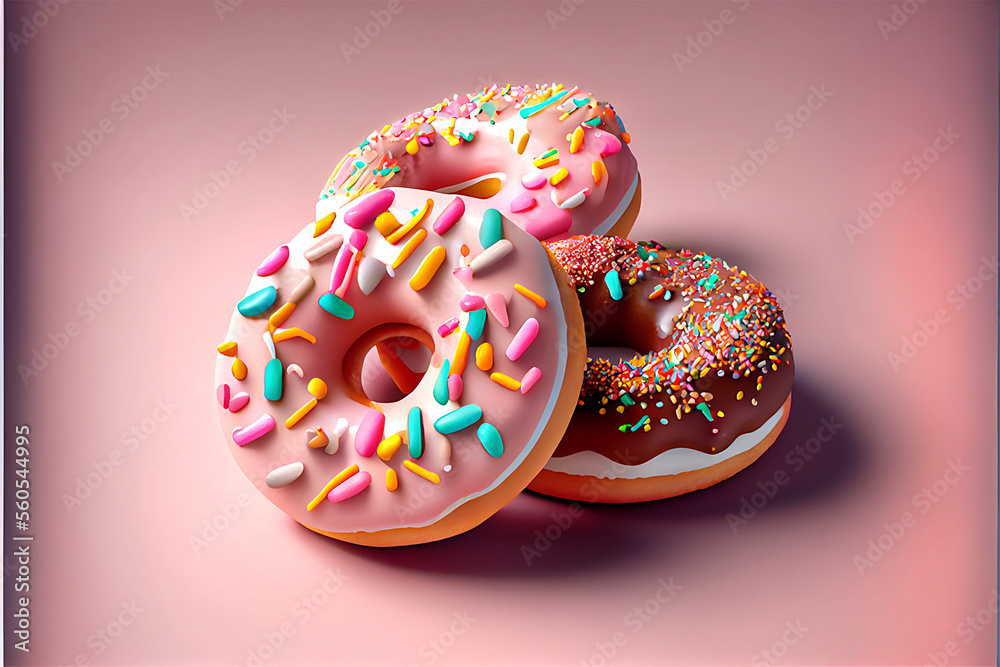 A bunch of delicious donuts with sprinkles on a pink background