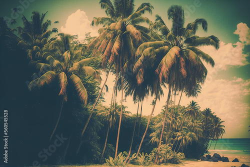 a stunning tropical backdrop, coconut palm trees, and a vintage filter. Generative AI © 2rogan