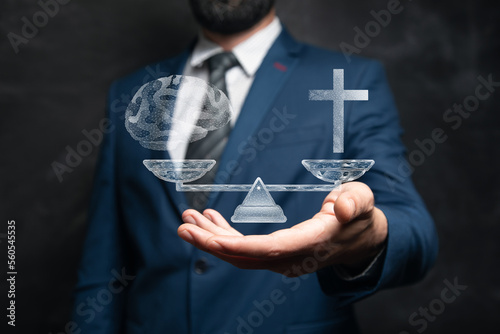 Choice between religion and rationality. On the scales of the cross and brains from the network.