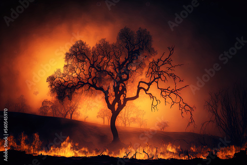 Oak fire, California wildfire, Heatwave in Europe causes forest burning rapidly and destroyed, silhouette, natural calamity,. Generative AI
