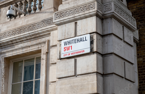 The street sign for Whitehall in Westminster, where a number of government offices are situated. © Ming