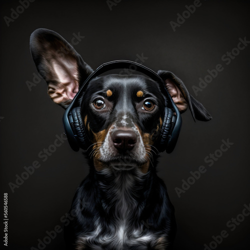 Portrait of a dog with headphone on a black background. Generative AI