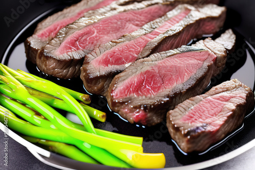 Wagyu Japanese beef steak frying on the pan closeup. Home food preparation photo