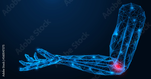 Inflammation and pain in the elbow joint. Polygonal design of interconnected lines and points. Blue background.