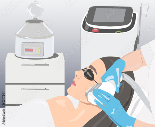 Illustration. Epilation hair removal procedure on a woman’s face. Beautician doing laser rejuvenation in a beauty salon. Removing unwanted body hair.