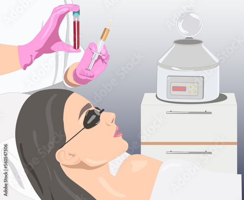 Cosmetologist does prp therapy on the face of a beautiful woman. Cosmetology concept. vector image	