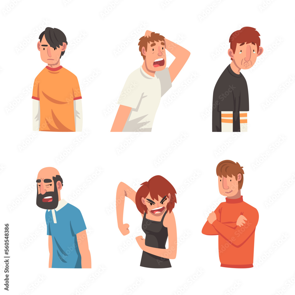 Funny emotional people set. Frightened, angry, furious, sceptic, bored men and woman cartoon vector illustration