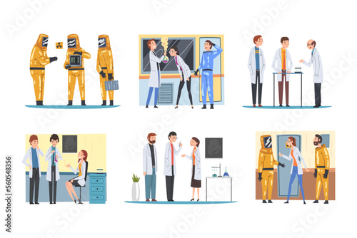 Scientists doing researches in biotechnology laboratory set. . Team of working scientists in research center with experimental equipment cartoon vector illustration