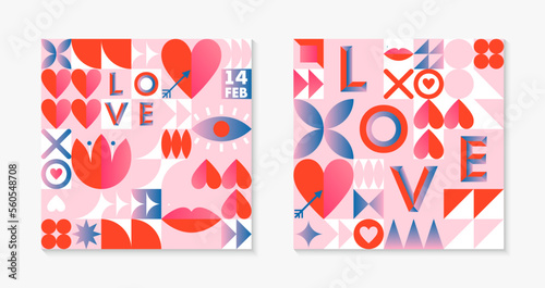 Valentines Day pattern templates.Romantic vector wallpapers in bauhaus style with geometric elements and symbols.Modern trendy designs for prints,banners,fabric,invitations,branding,covers.