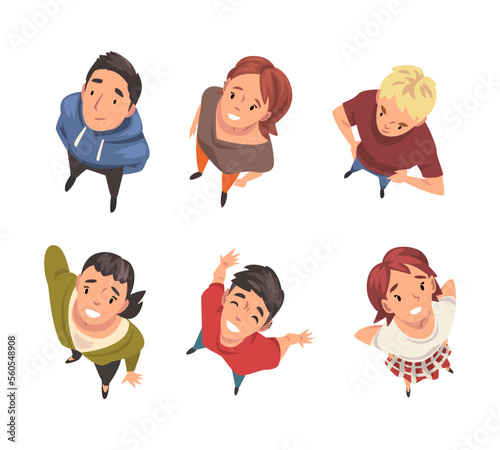 Top view of people looking up set. View from above of male and female characters cartoon vector illustration