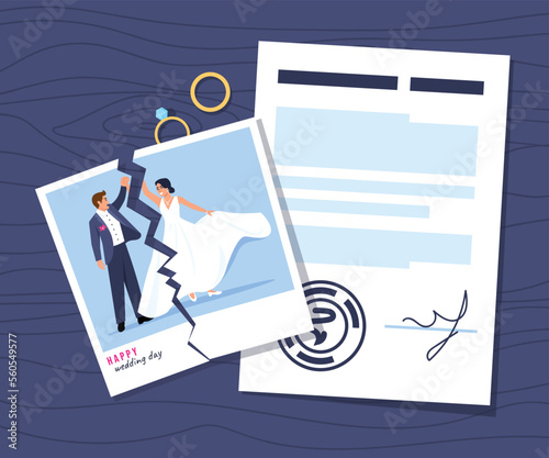 Vector illustration of divorce. Cartoon scene divorces, torn wedding photos, abandoned rings, statements. Quarrel between husband and wife. Documents with a signature for divorce.
